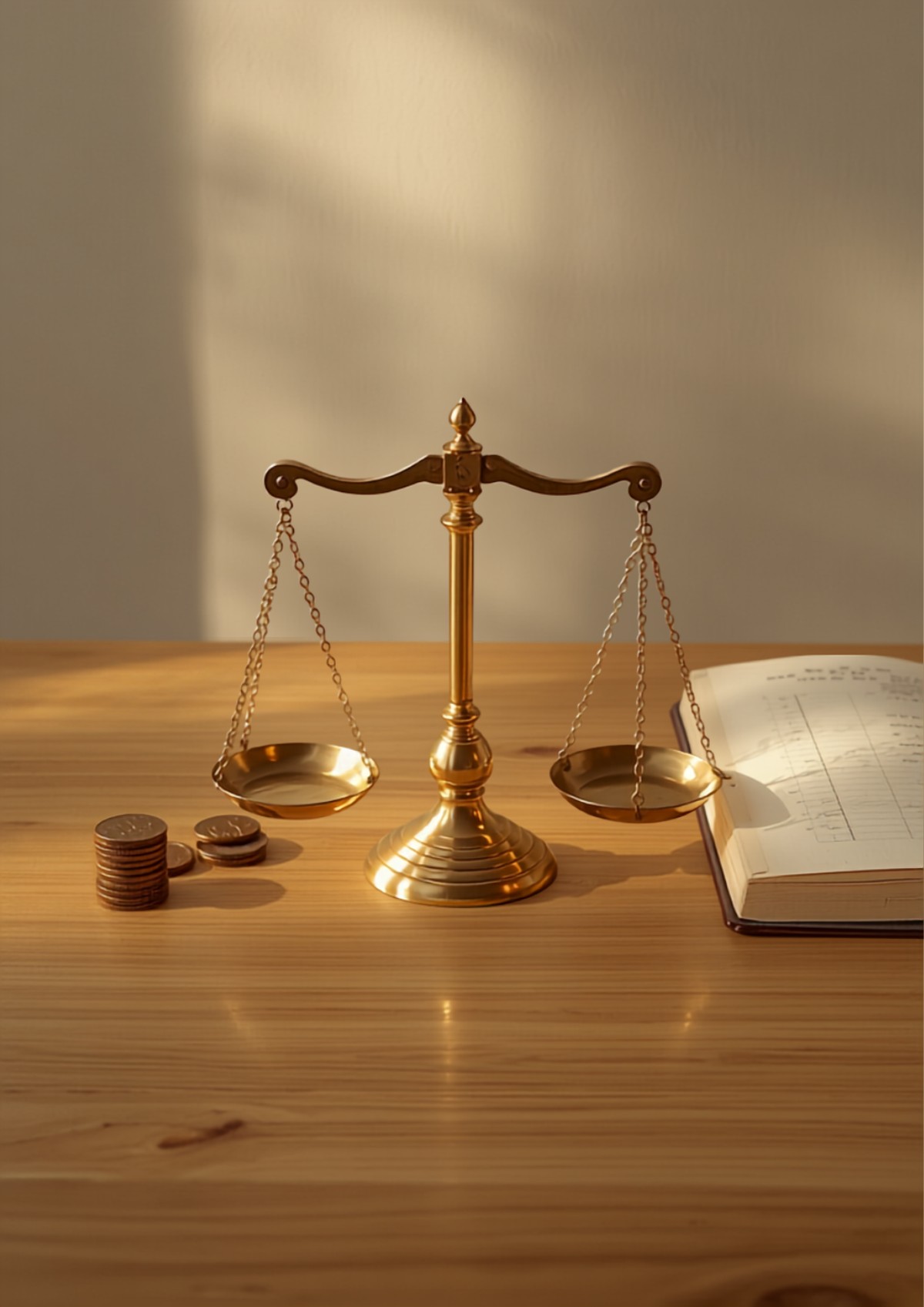 Brass balance scale with coins and an open ledger book, representing honest scales and biblical integrity in business