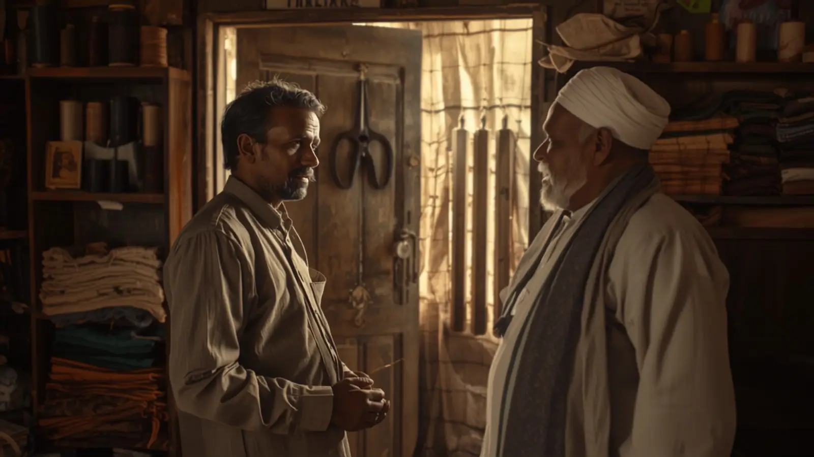 A church-based business accelerator mentor speaking with a tailoring entrepreneur inside a small local shop