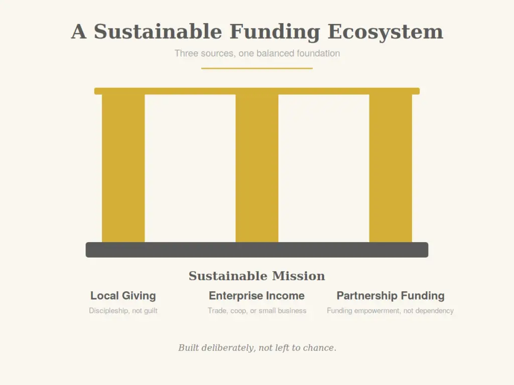 Diagram of a sustainable funding ecosystem showing three pillars — local giving, enterprise income, and partnership funding — supporting sustainable mission