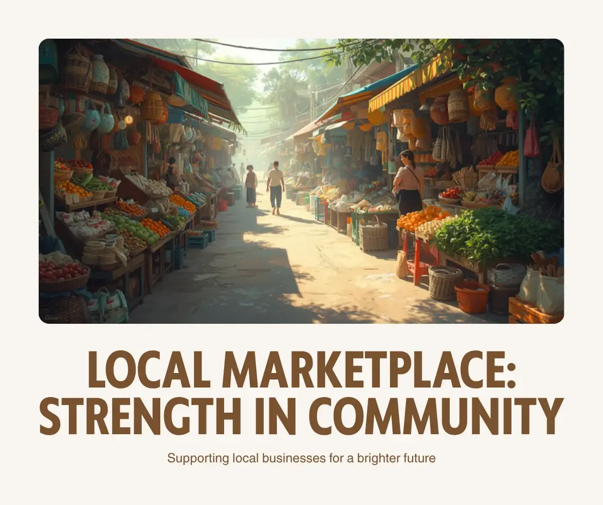 A vibrant local marketplace with vendors and shoppers, representing community-based local enterprise and economic resilience