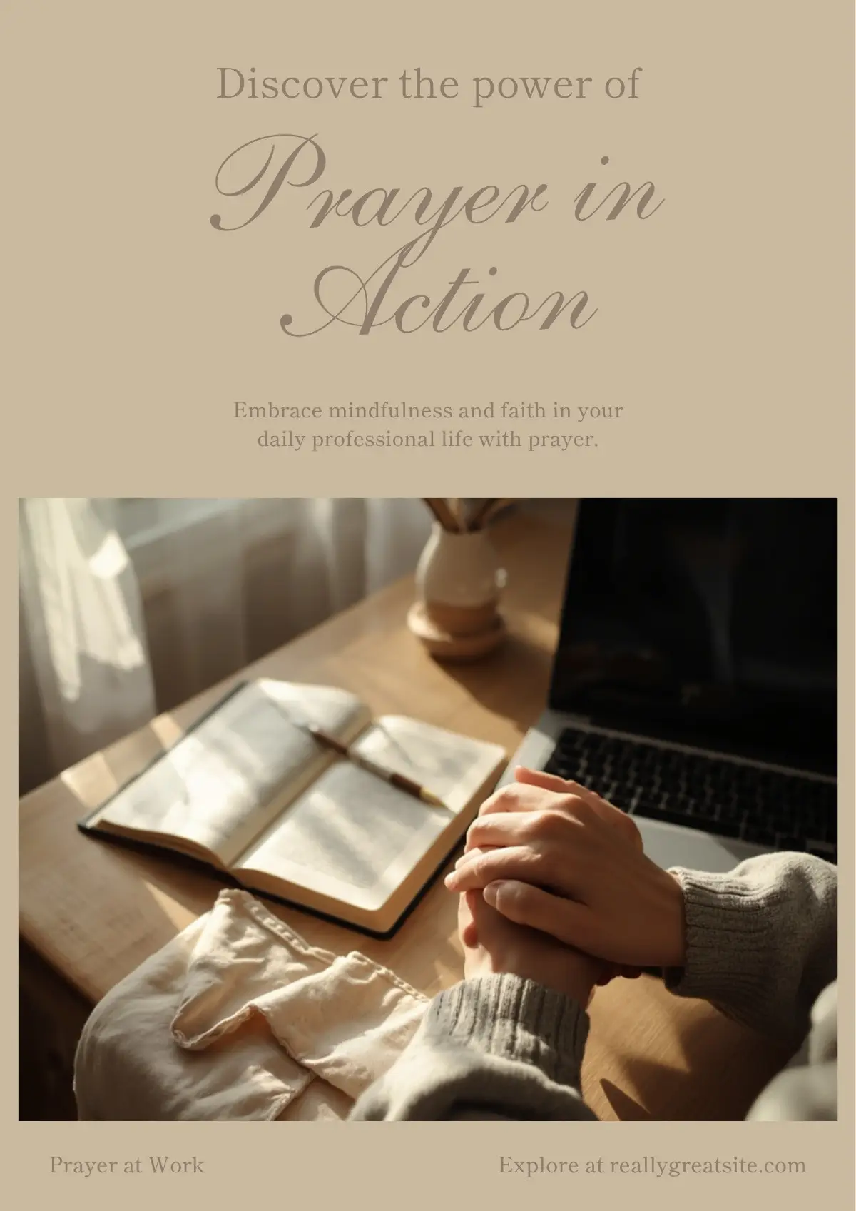 Hands folded in quiet prayer beside an open journal and laptop on a desk, representing prayer for success at work