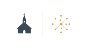 Responsible AI for churches illustration: a church silhouette connected to a small AI network diagram
