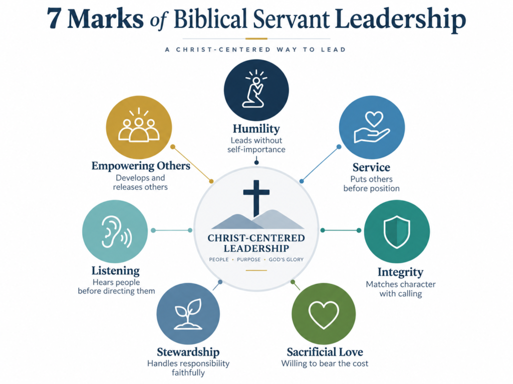 Seven marks of biblical servant leadership: service, humility, listening, empowering others, stewardship, integrity, and sacrificial love