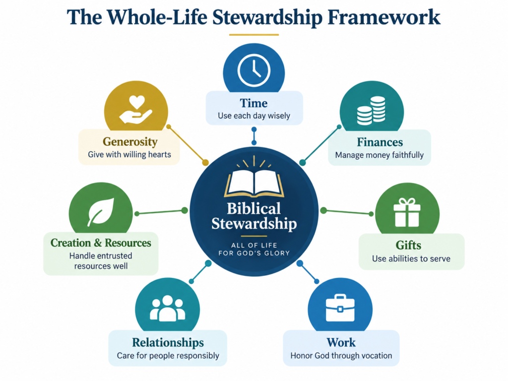 Whole-Life Stewardship Framework showing time, finances, gifts, work, relationships, creation and resources, and generosity