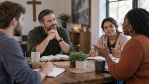 Christian leadership team listening and learning together around a table with an open Bible