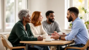 Leaders in the Bible teach servant leadership: an older woman listens attentively as a young team member speaks