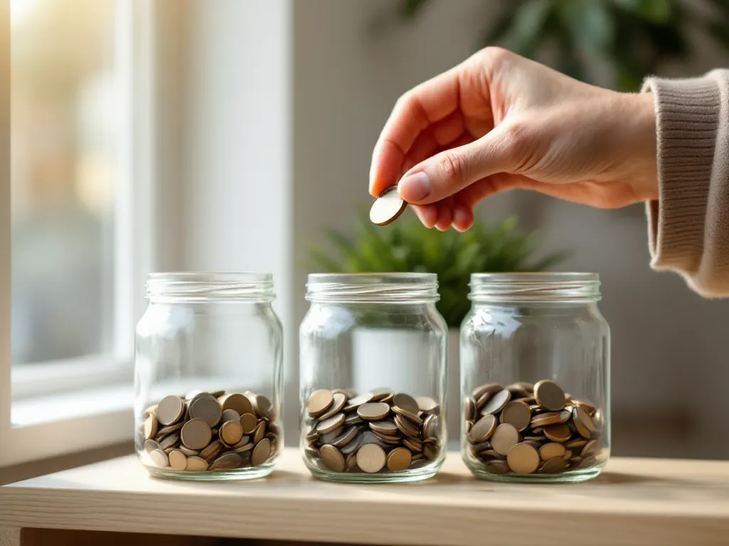 A hand dropping a coin into glass savings jars