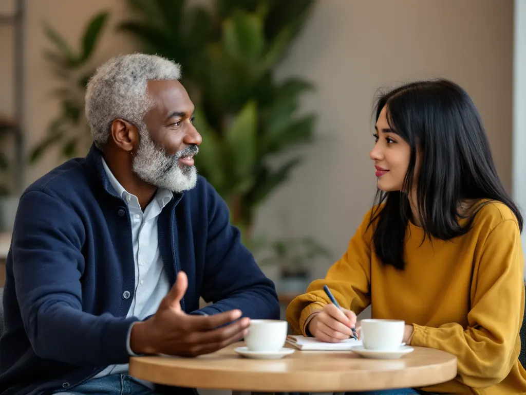 An older mentor discussing finances with a young woman over coffee