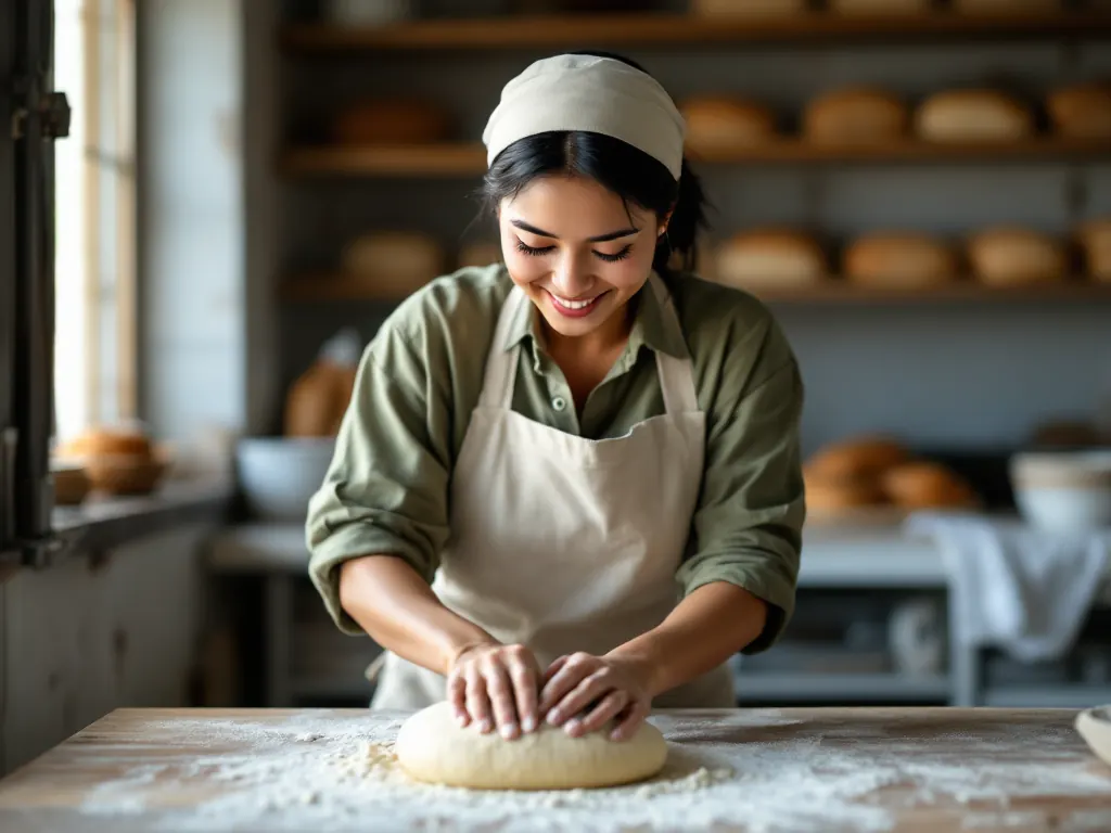 A baker kneading dough in a small bakery