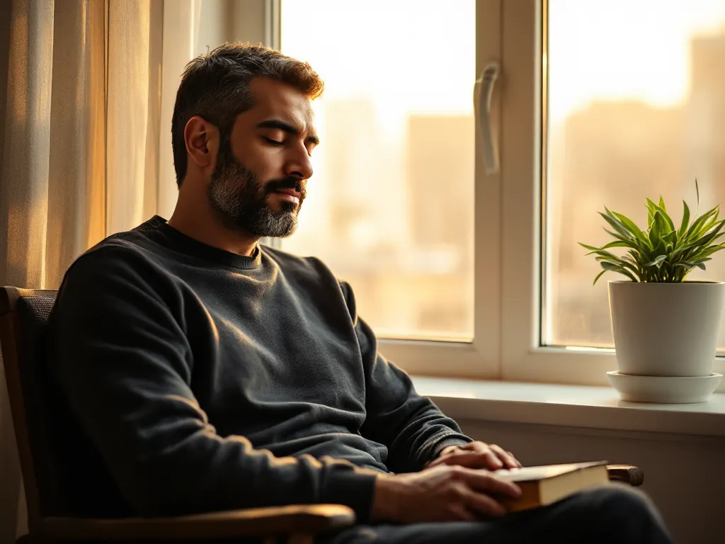 A man sitting by a window at dawn with a closed book on his lap