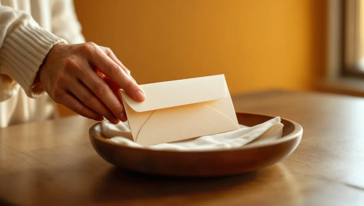 Bible verses about giving in practice: a hand placing an envelope on a wooden offering plate