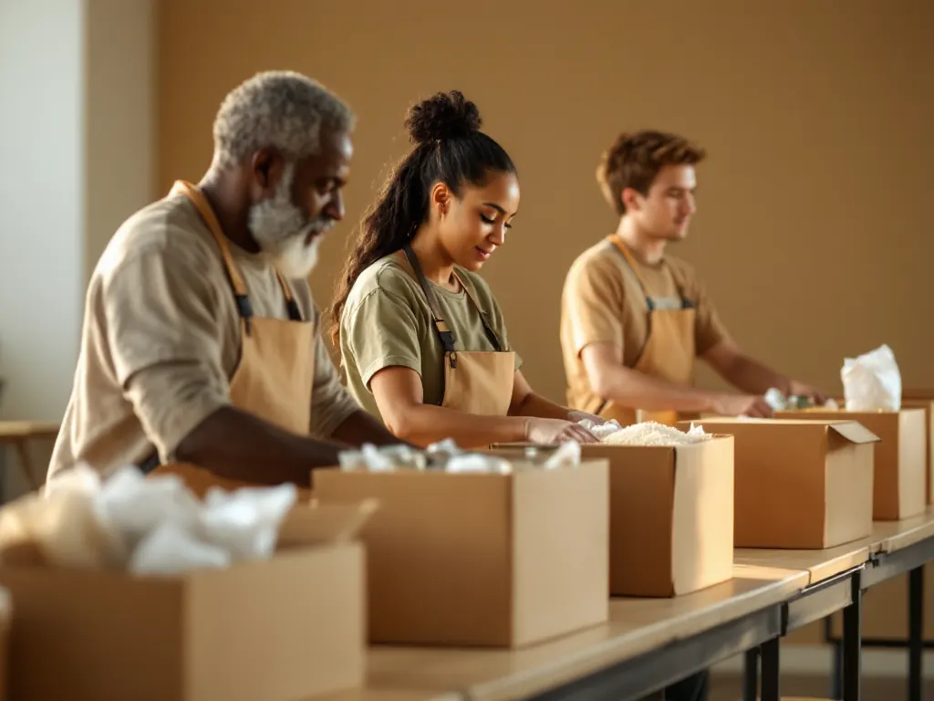 Bible verses about giving lived out as volunteers pack food parcels for neighbours in need