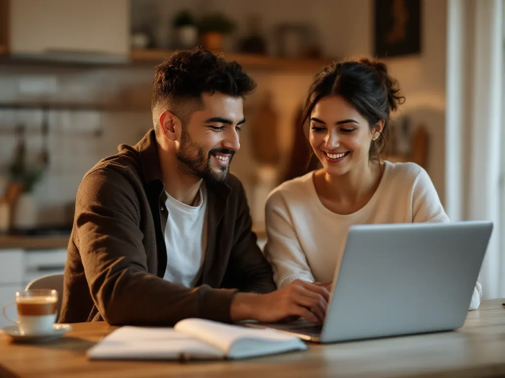 A couple calmly planning their monthly giving together at a kitchen table