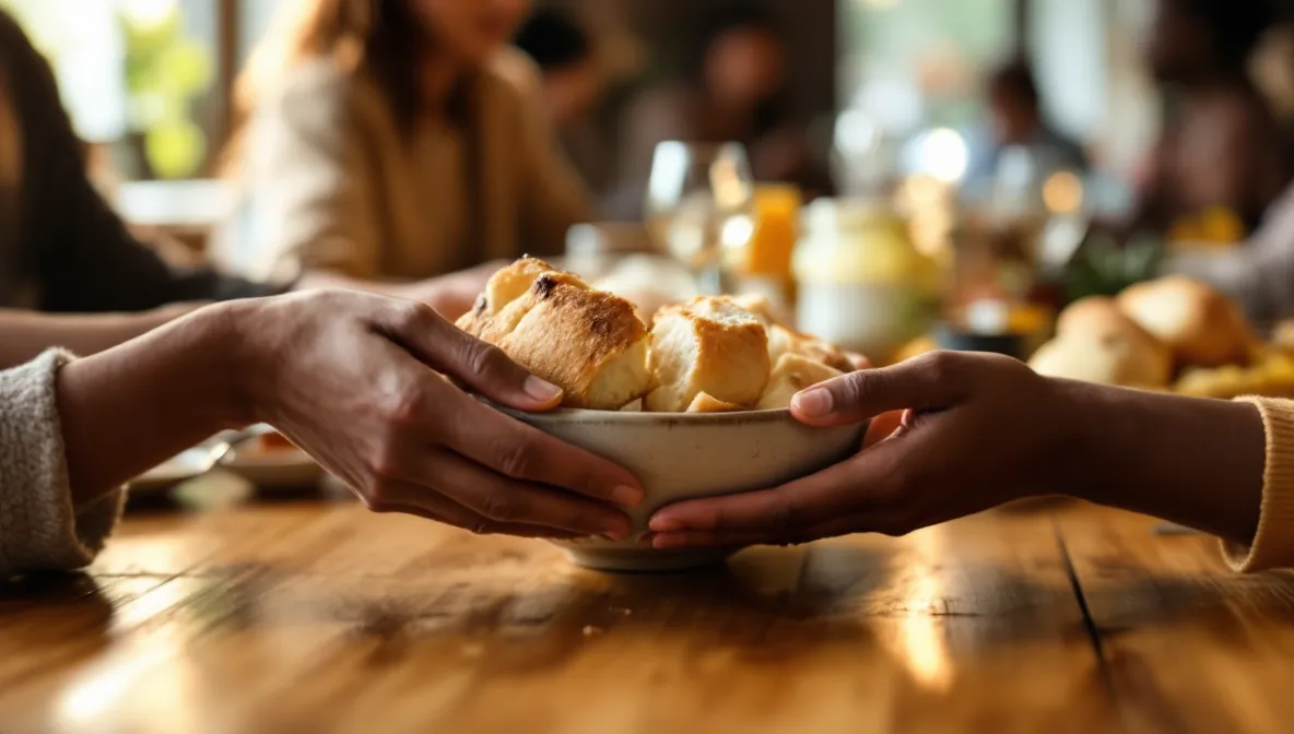 Bible verses about generosity in practice: two people passing a bowl of bread across a shared table