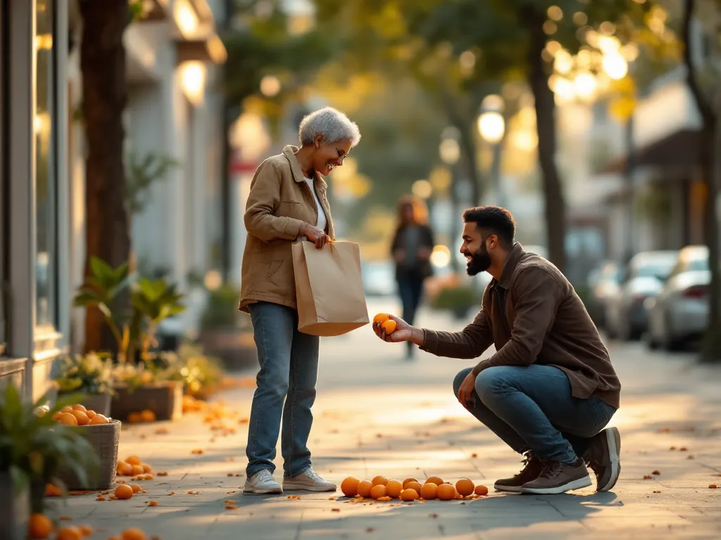 Bible verses about generosity lived out as a young man stops to help an older woman gather spilled oranges