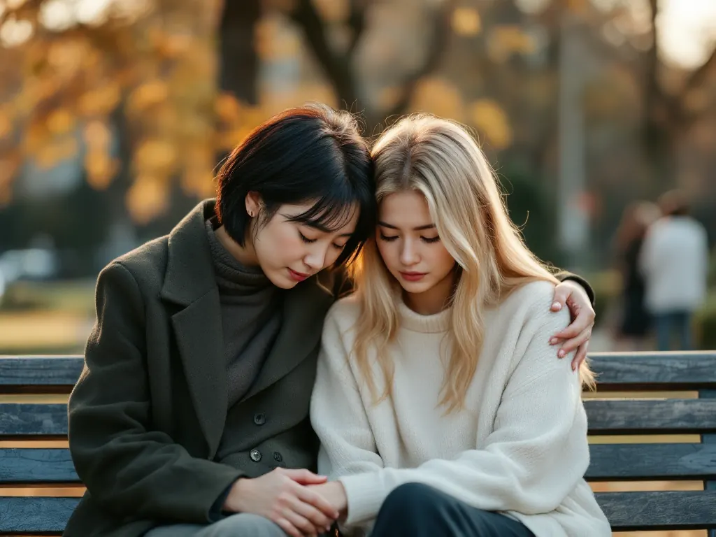 A woman comforts a grieving friend on a park bench, showing generosity of presence