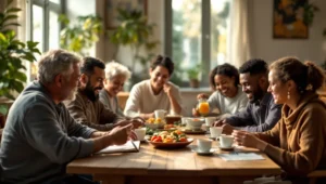 Bible verses about spiritual gifts in practice: a diverse group sharing a meal and serving one another