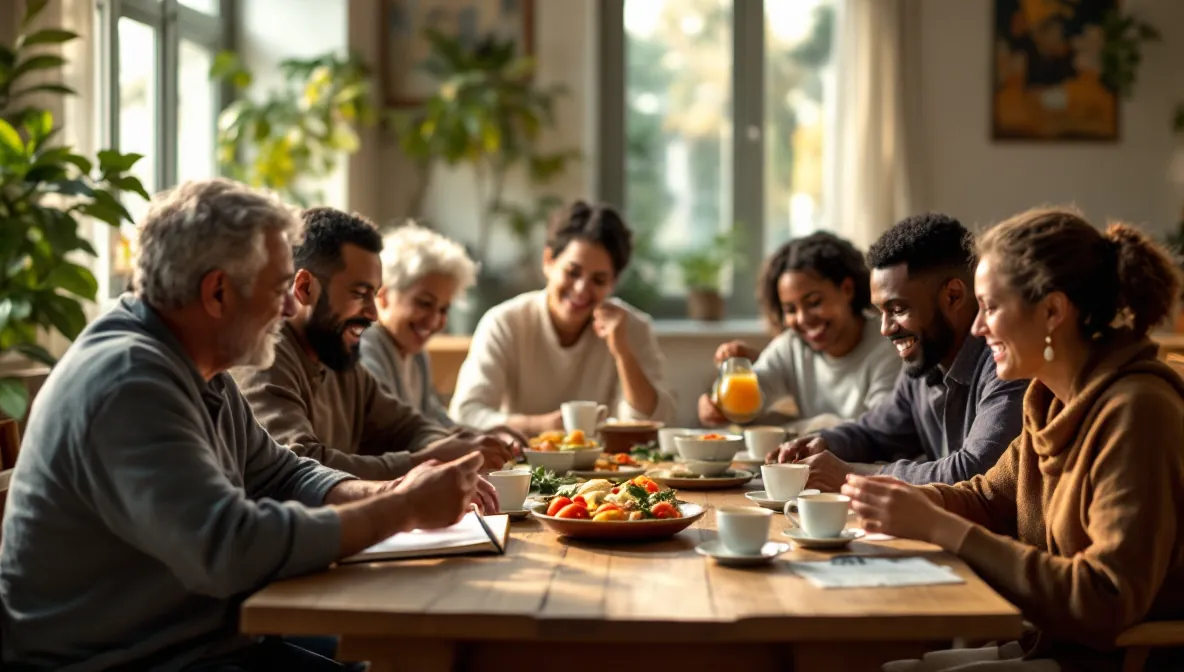 Bible verses about spiritual gifts in practice: a diverse group sharing a meal and serving one another