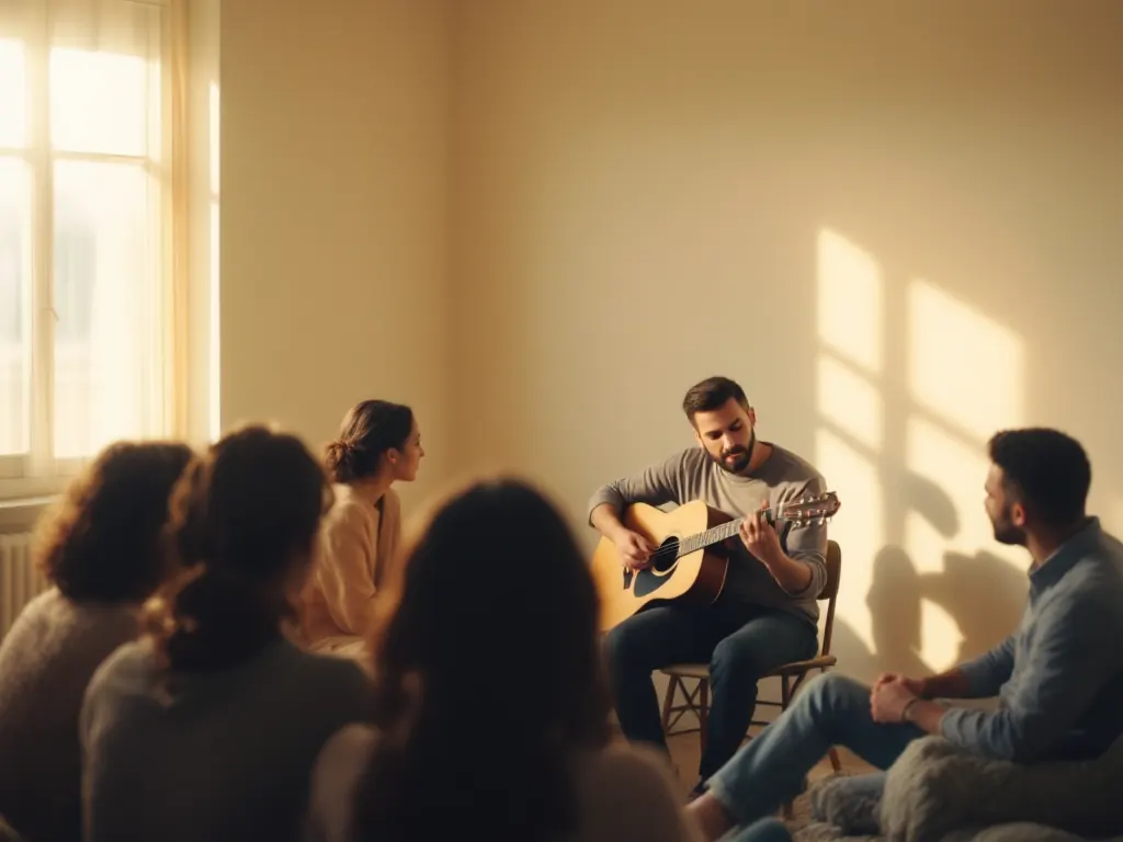 Musician playing acoustic guitar for a small gathering, illustrating spiritual gifts used to serve others