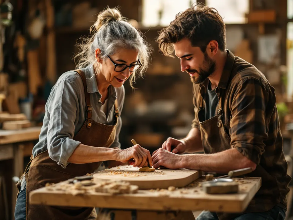 Bible verses about spiritual gifts lived out as an older woman mentors a young man at a woodworking bench